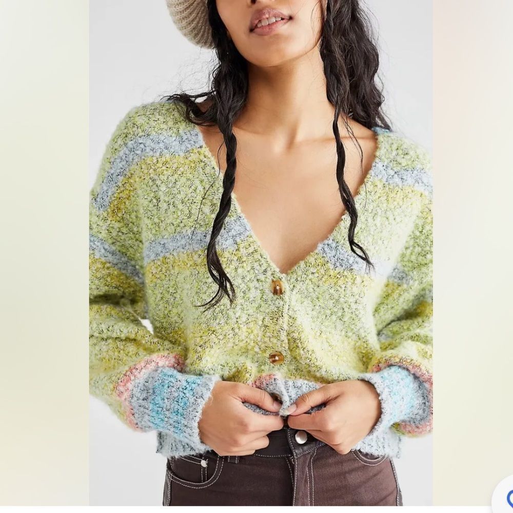 Free People Pastel Green Multicolor Textured Button Cardigan - Picture 2 of 8